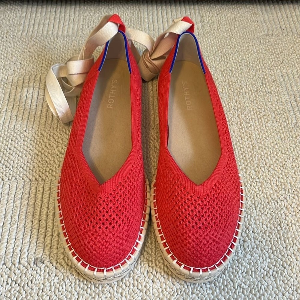 NWOB Rothy's The Espadrille Flats Red Size 11.5 Jute Midsole Ankle Ties - Picture 3 of 10